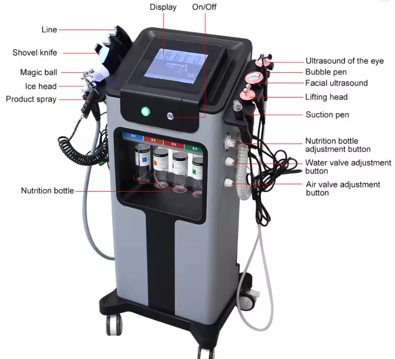 Aparat Hydro Dermabrasion 10-in-1 (Hydra Facial) – Curatare profunda, exfoliere, oxigenare, lifting & infuzie seruri – cu manere multiple