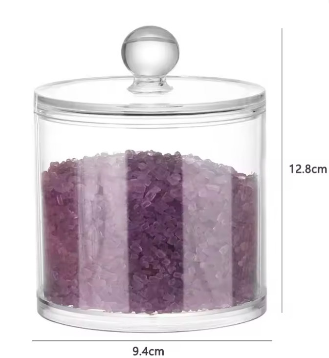 Recipient transparent cu capac (9.4 × 12.8 cm) – borcan elegant pentru sare de baie, cosmetice si accesorii
